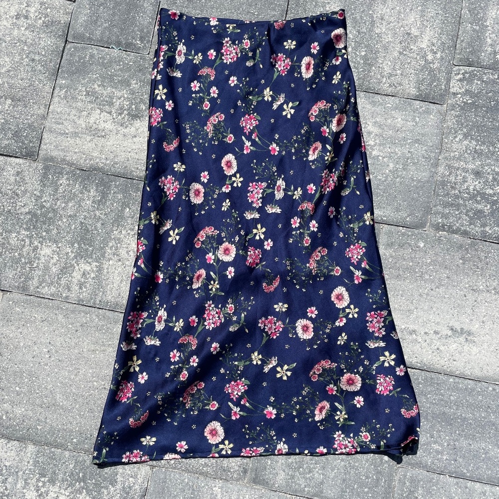 Navy Blue Floral Midi Skirt